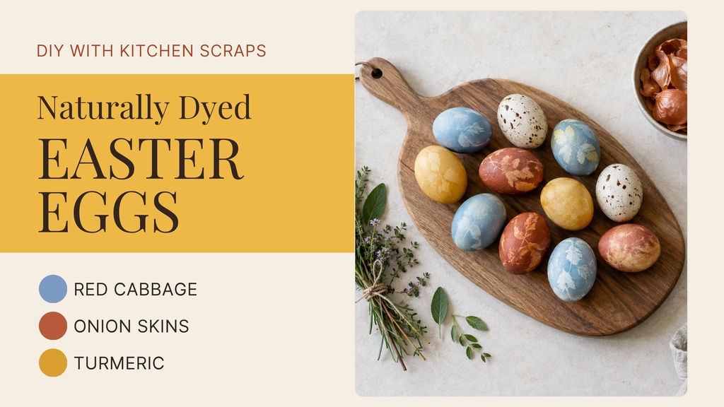 YouTube thumbnail template with naturally dyed Easter eggs on a wooden board and DIY kitchen scraps text