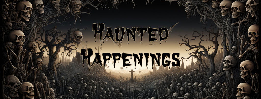 Haunted Happenings banner with skulls and eerie atmosphere