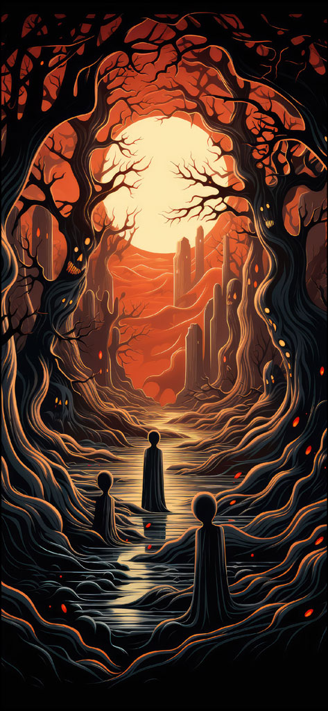 Surreal landscape with twisted trees and figures in the distance