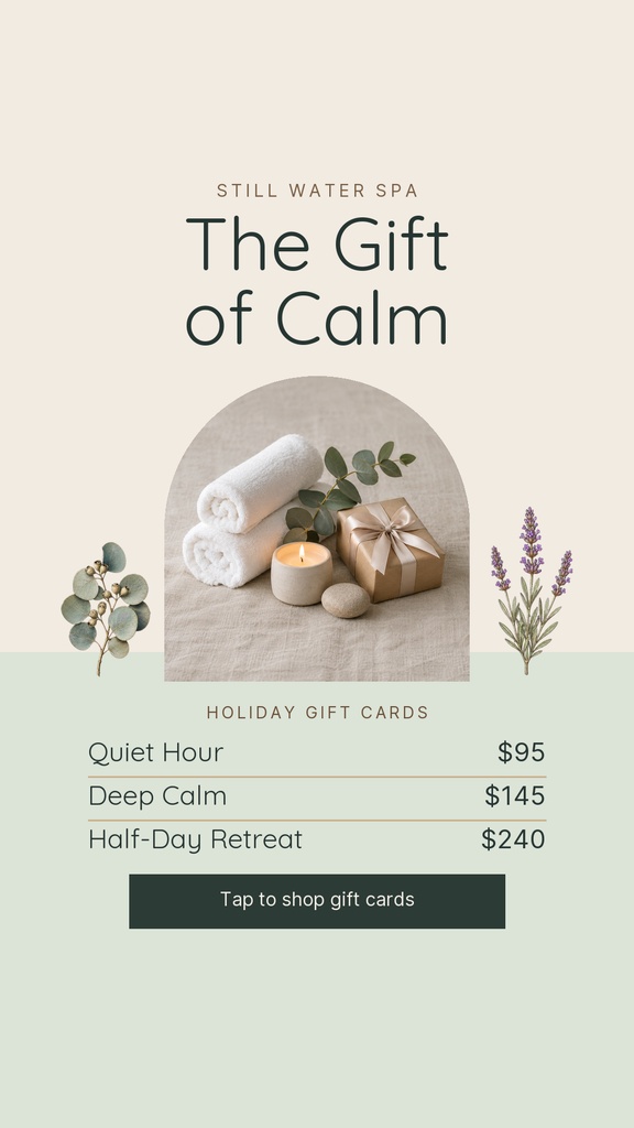 Spa gift card story template with towels, candle, wrapped gift, and calm beige layout.