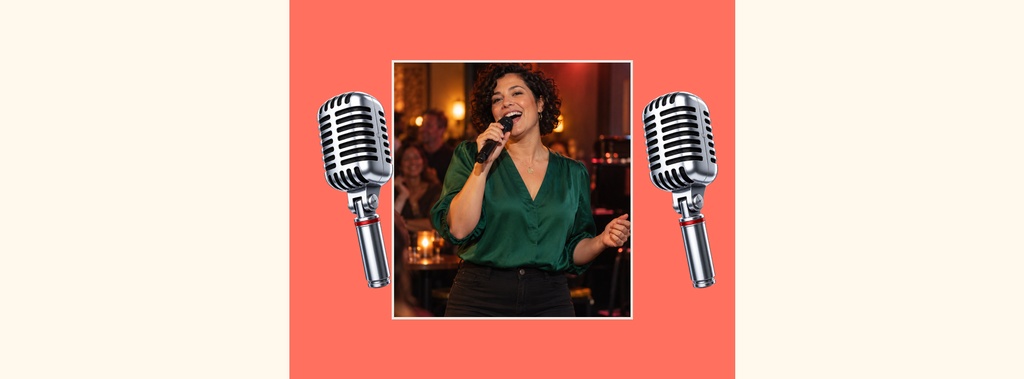 Coral page cover with a singer framed between two vintage microphones.
