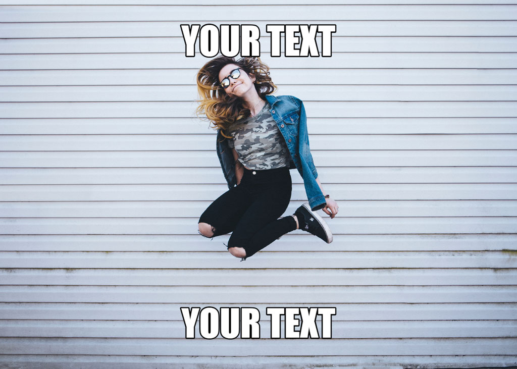 Woman jumping in front of a white garage door