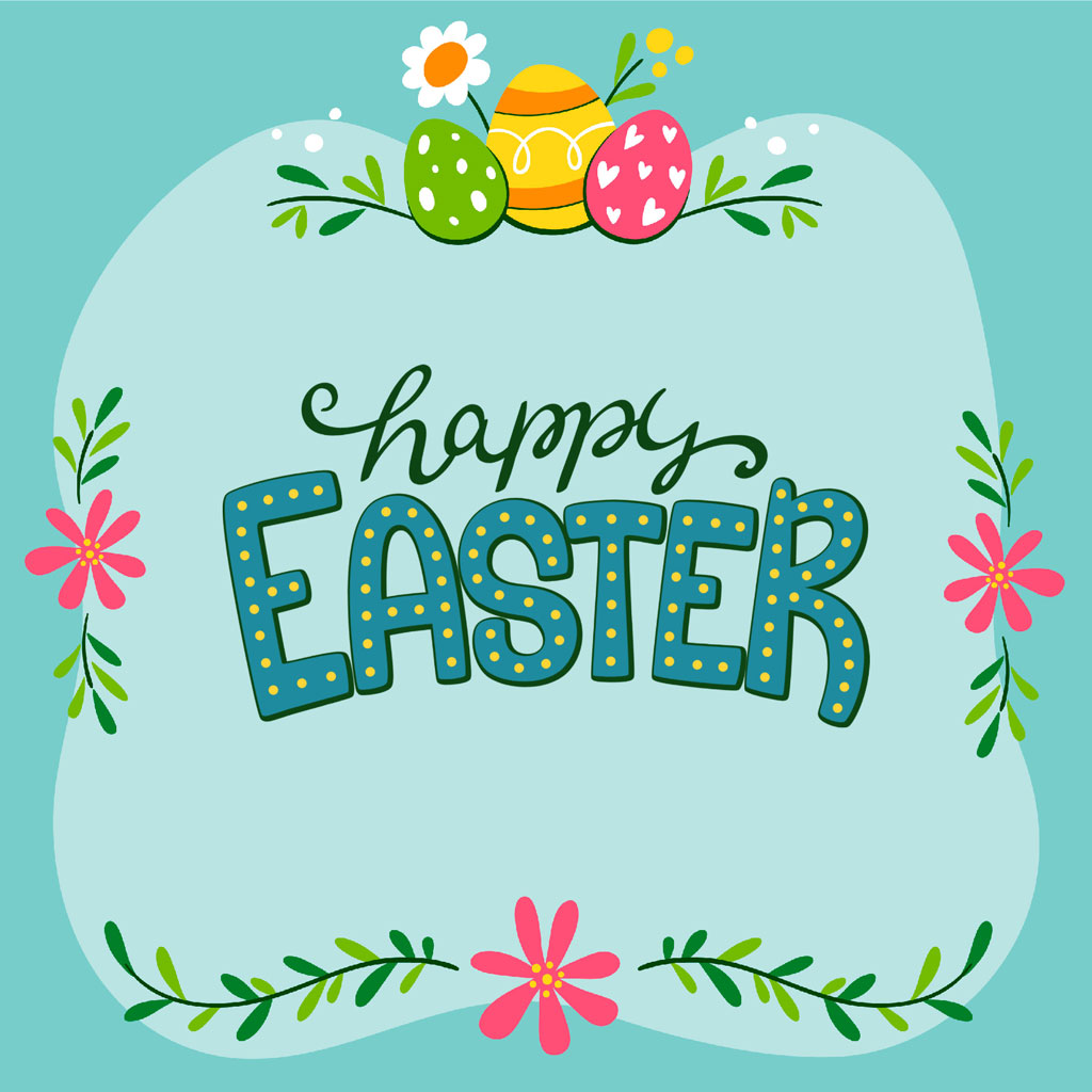 Happy Easter graphic with decorated eggs and floral designs