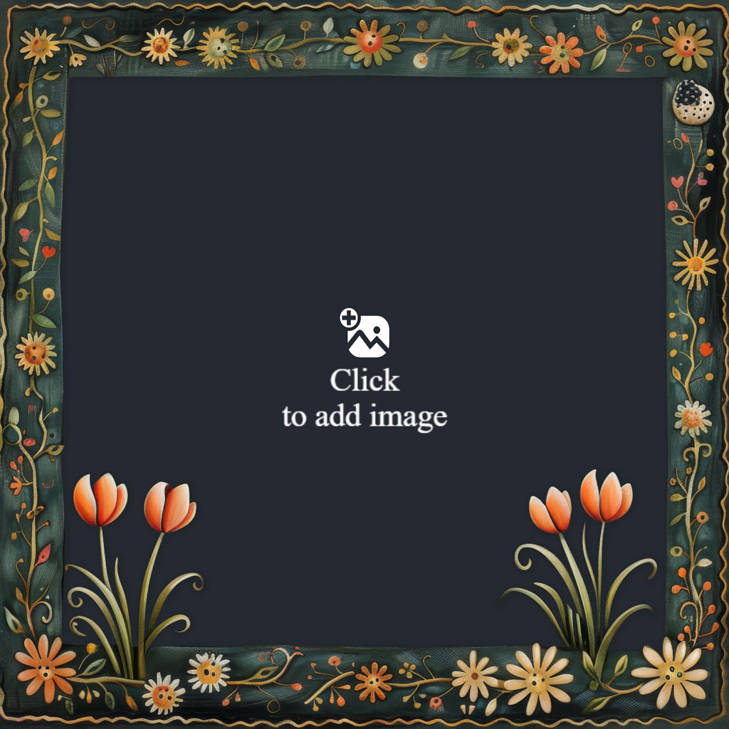 A square floral frame with orange tulips at the bottom corners and a dark center.