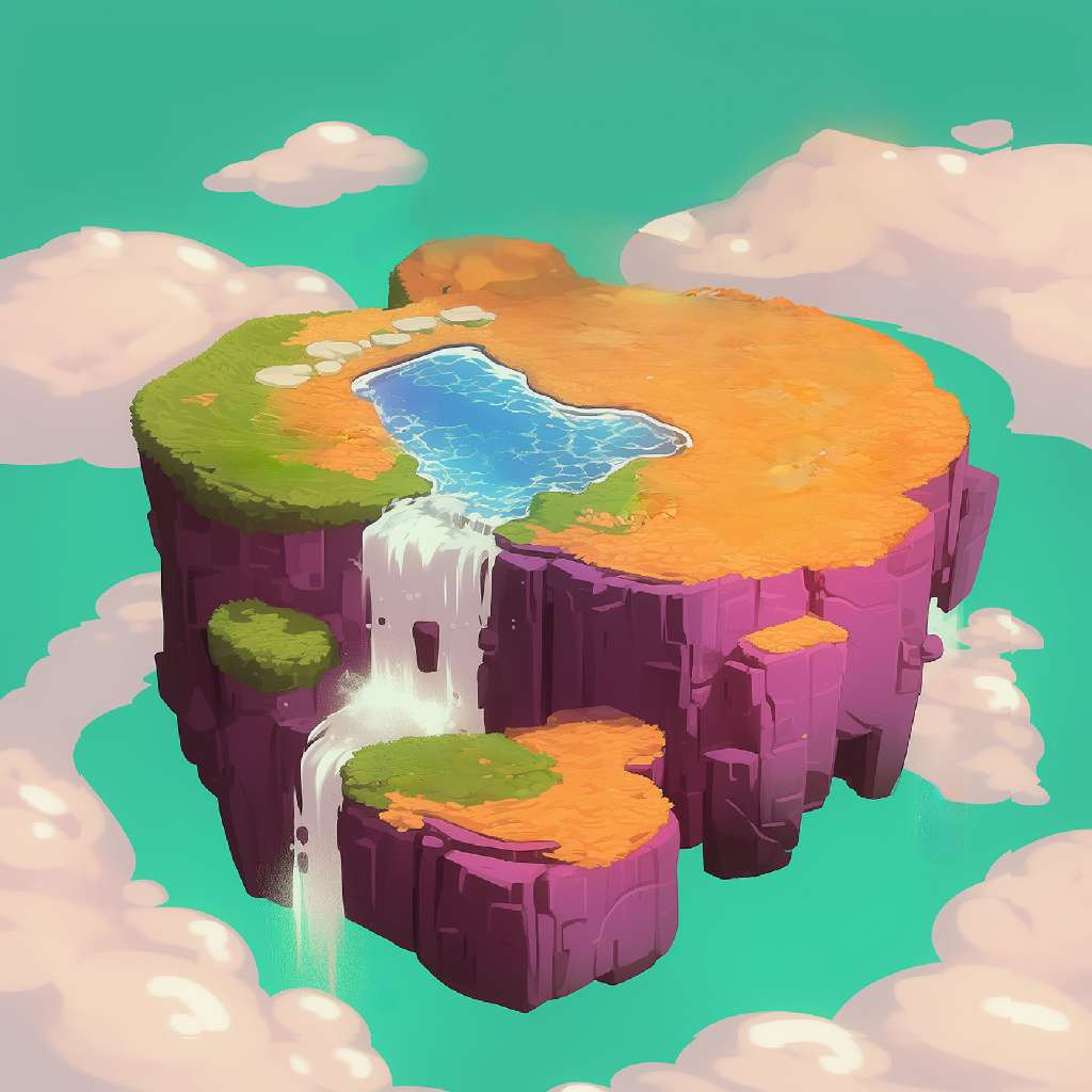 A colorful, stylized illustration of a floating island with a lake and waterfall surrounded by clouds.