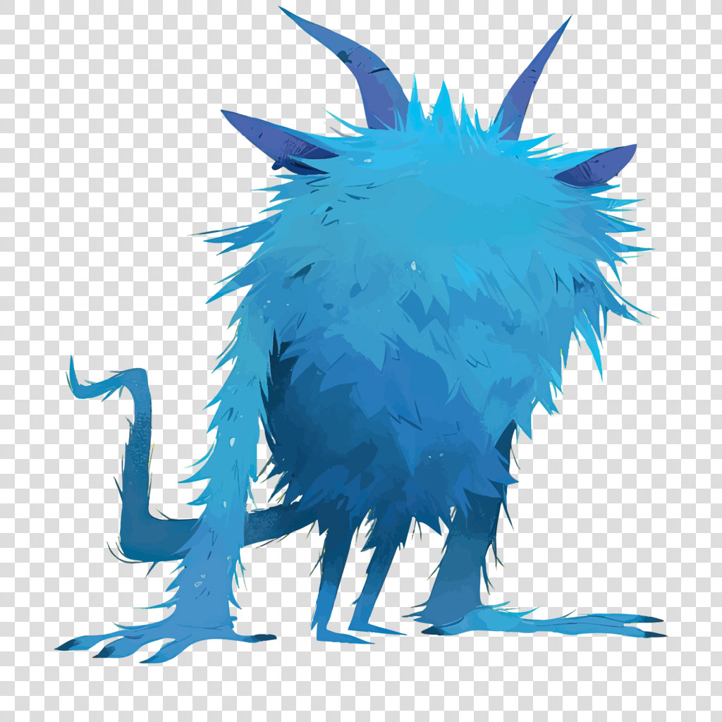 A blue, furry creature with horns and a long tail.