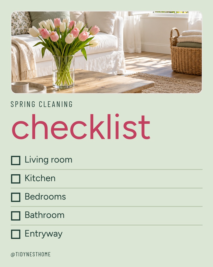 Portrait checklist poster with a spring cleaning header and a photo of tulips on a coffee table.