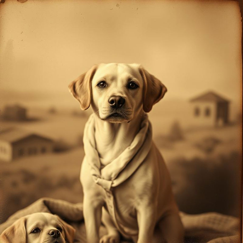 Two yellow labrador retrievers in a sepia-toned, blurred rural background