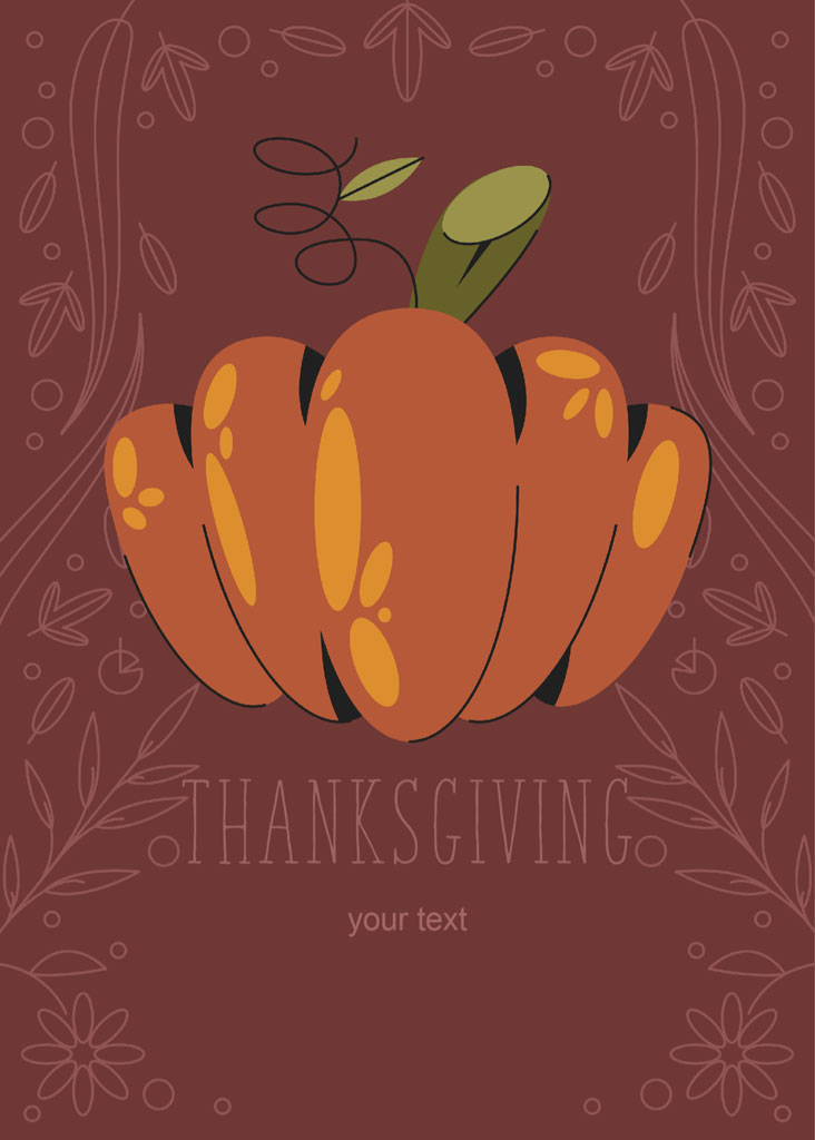 Illustration of a pumpkin with a green stem on a brown background with floral patterns.