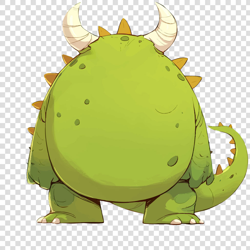 A cute green cartoon dragon with horns and spikes on a white background