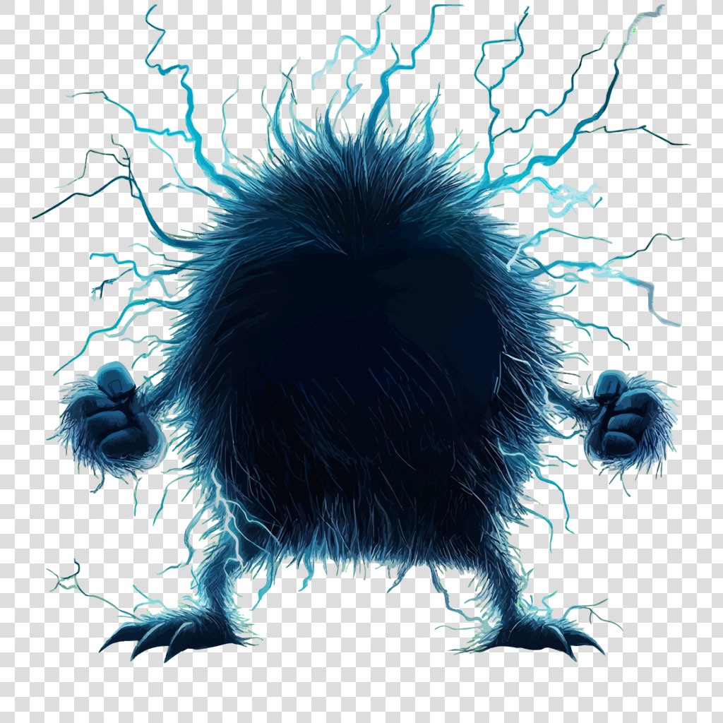 A dark blue, furry creature with electric sparks