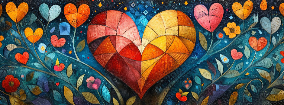 Mosaic heart artwork with flowers and leaves