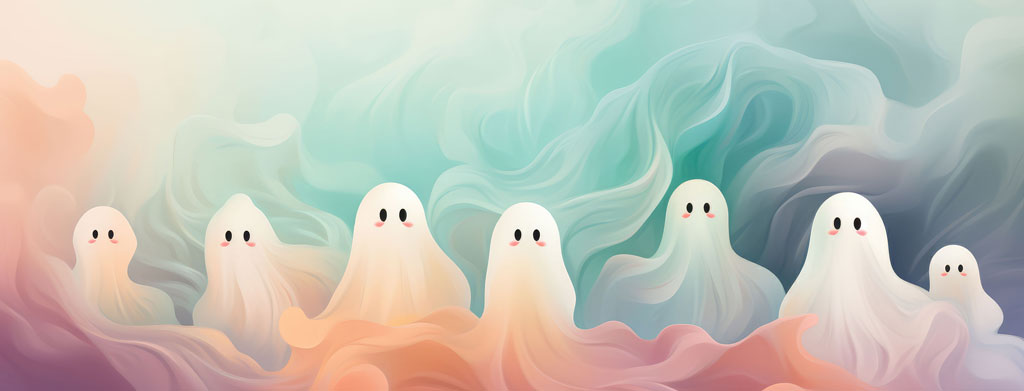 A group of ghostly figures with simple faces amidst swirling pastel colors.