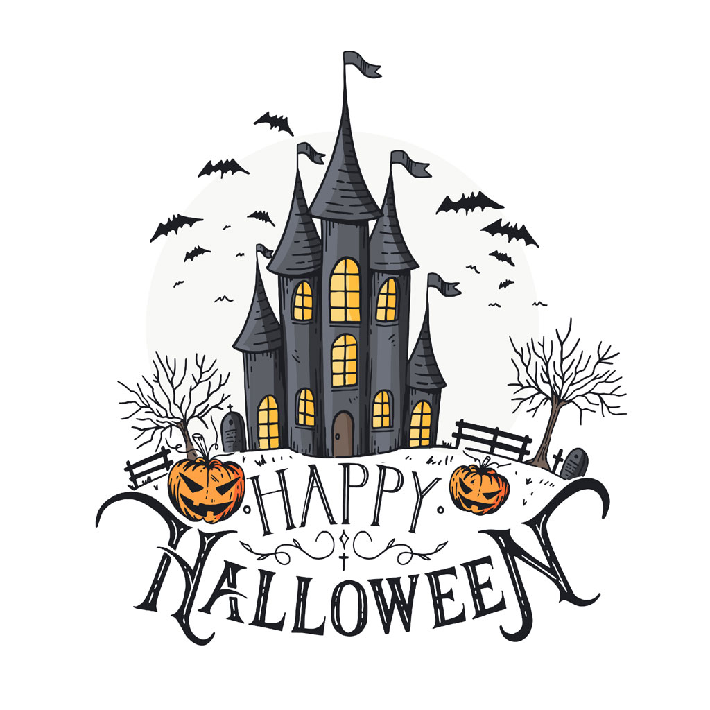 A gray castle with lit windows surrounded by bats and pumpkins with 'Happy Halloween' written below.