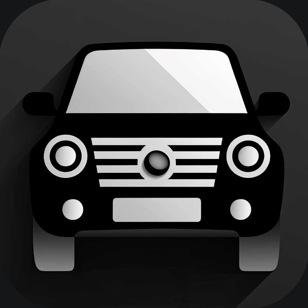 Black and white car icon with a minimalist design