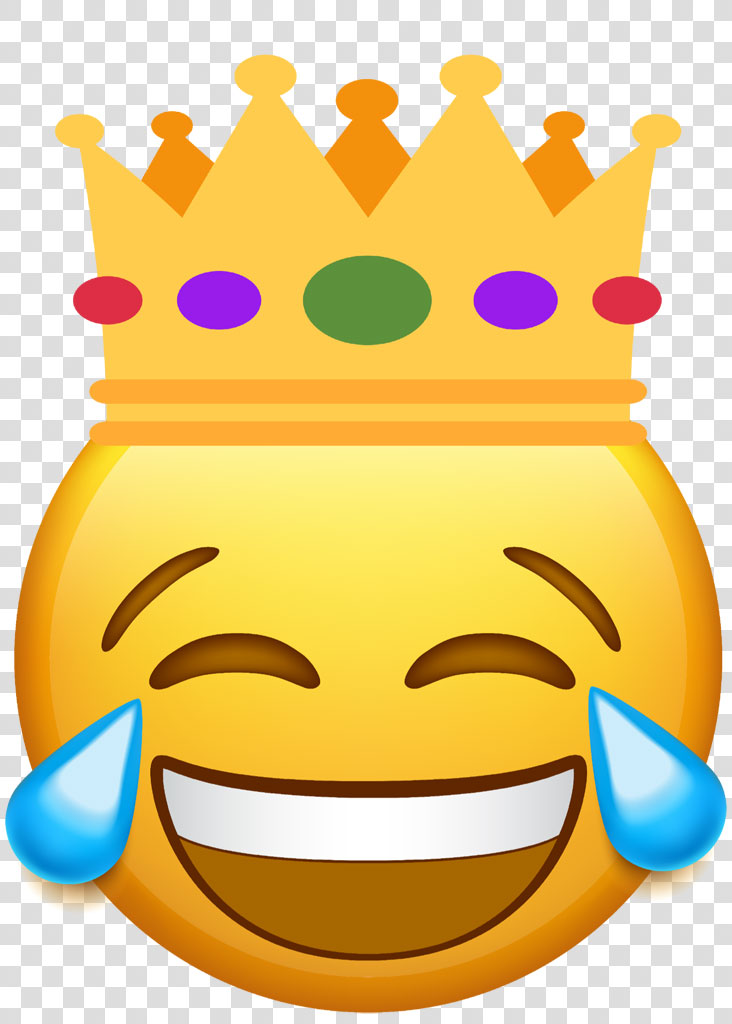 A yellow emoji with a crown, laughing and crying.