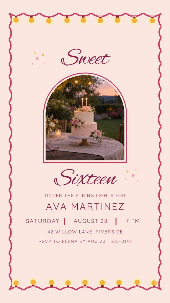 Pink sweet sixteen invitation with a cake photo, string lights border, and elegant text.