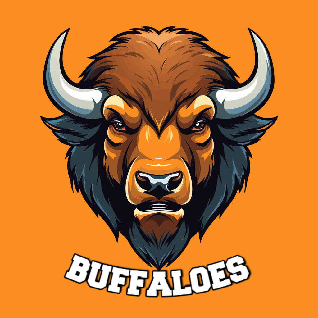 Cartoon buffalo head with large horns and the word 'BUFFALOES' below it