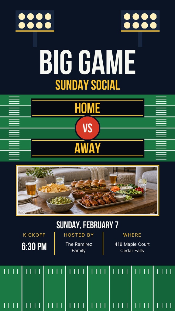 Football-themed story template with big game title, home versus away, and party food photo.