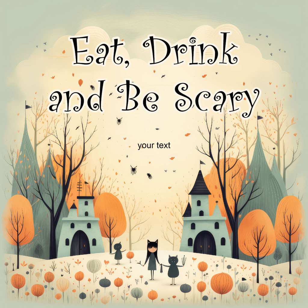 Halloween party invitation with houses and children