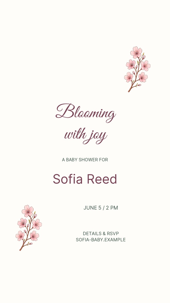 Portrait baby shower story template with pink cherry blossom branches and floral text.