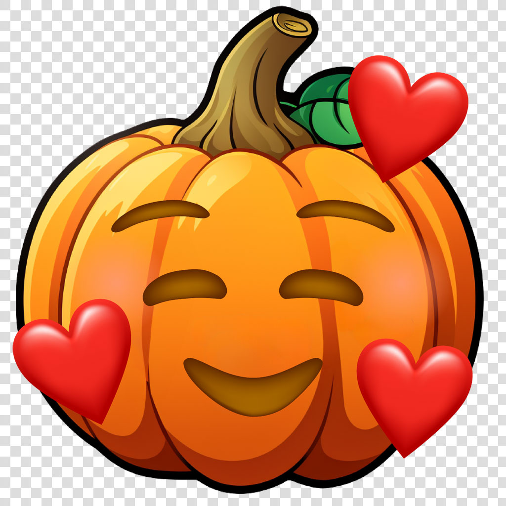 A smiling orange pumpkin with hearts on the sides