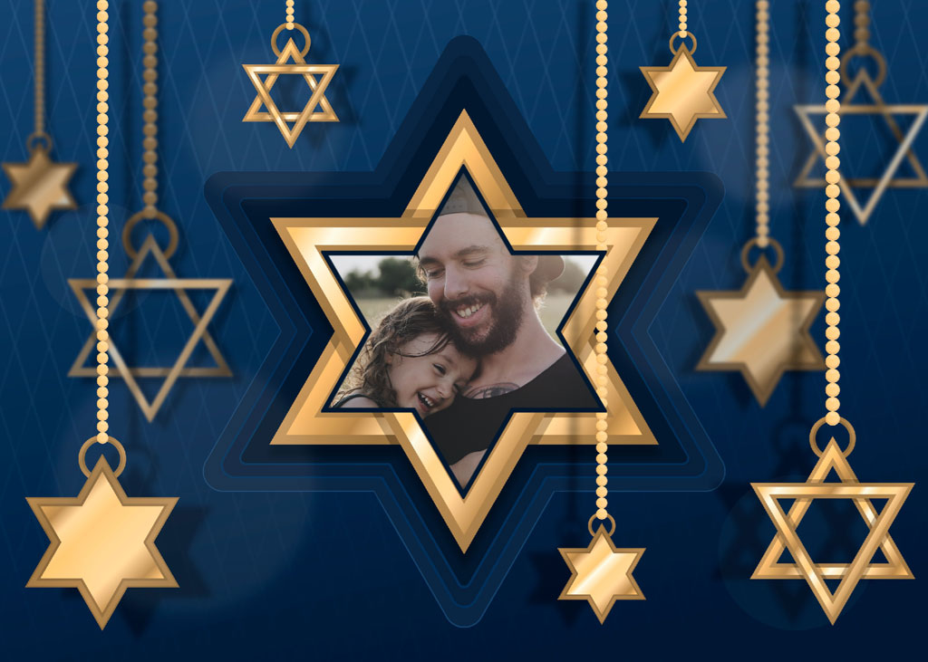 Gold Star of David pendant with a photo of a man and child