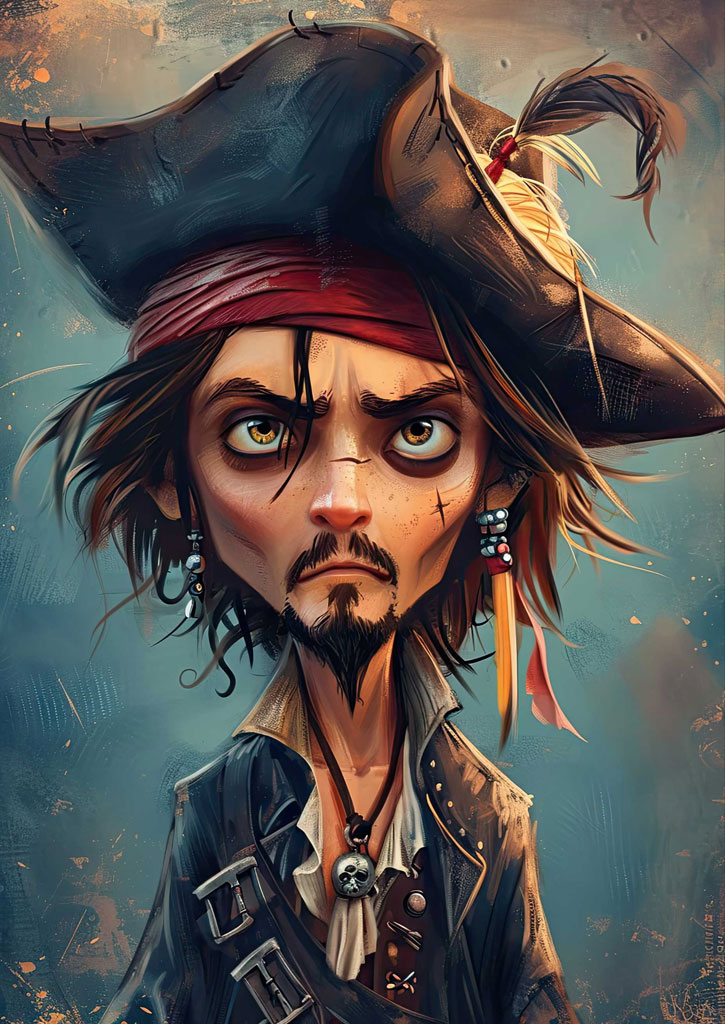 A digital painting of a pirate with a black hat and red bandana.