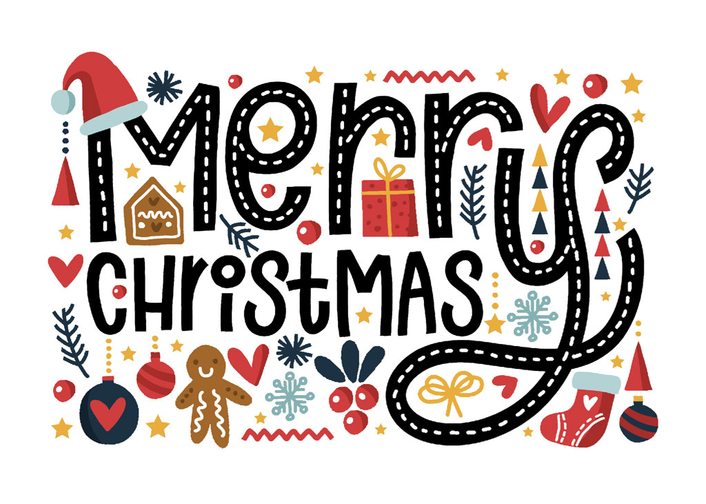 Merry Christmas graphic with decorations and road theme