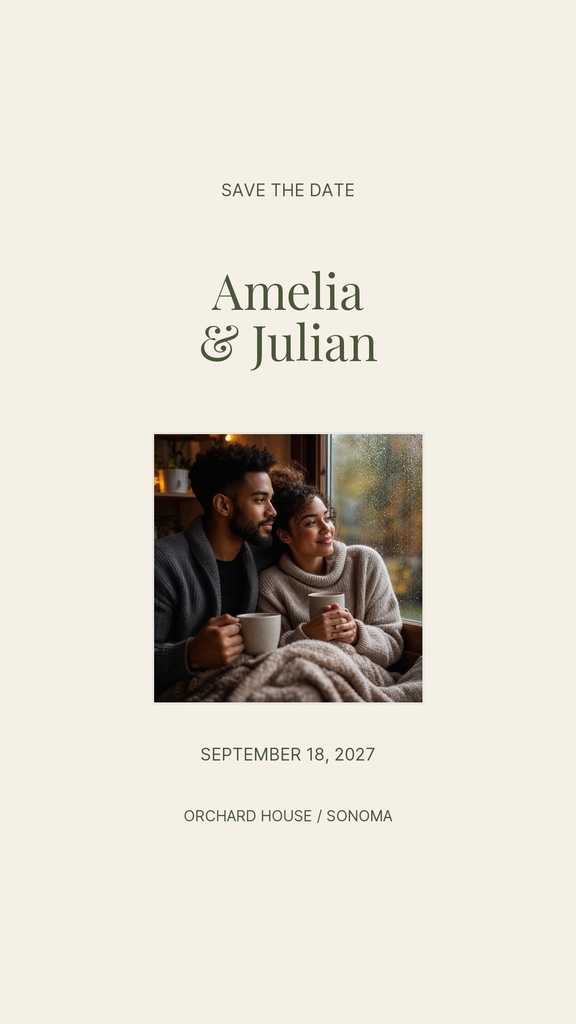 Minimal wedding Instagram story with couple photo, save the date text, and ceremony details