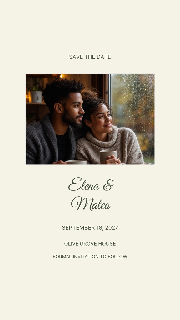Portrait wedding story opener with a couple by a window on a cream background.