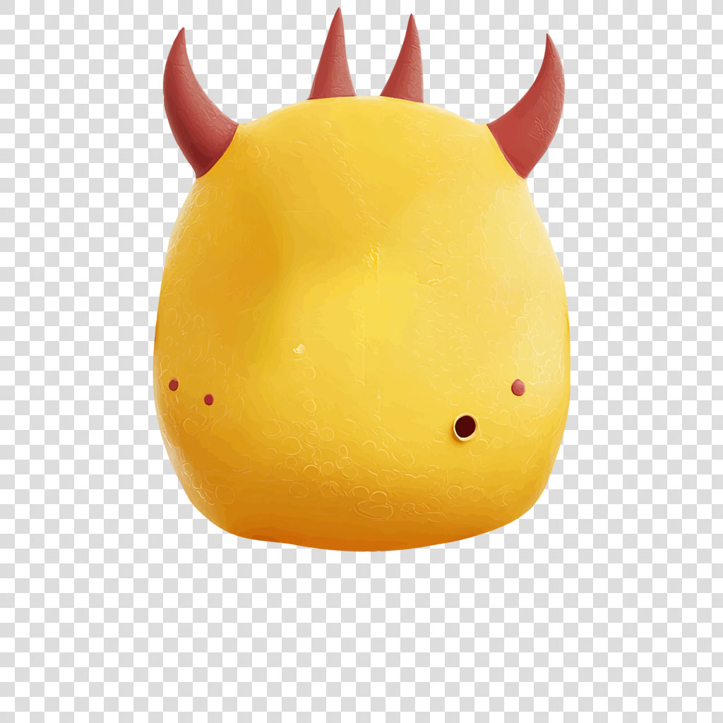 A yellow toy with red horns and small eyes.