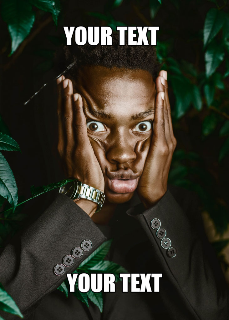 Man in dark suit with shocked face surrounded by leaves