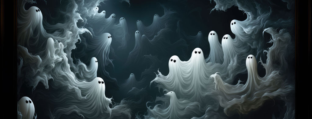 Multiple ghostly figures with glowing eyes in a dark, misty atmosphere