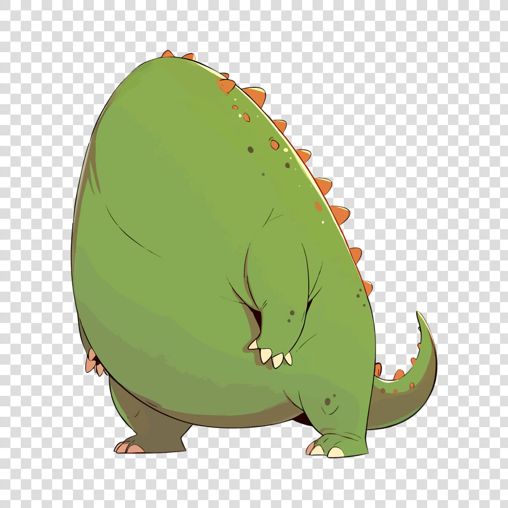 A cute, green cartoon dinosaur with orange spikes and a smiling face