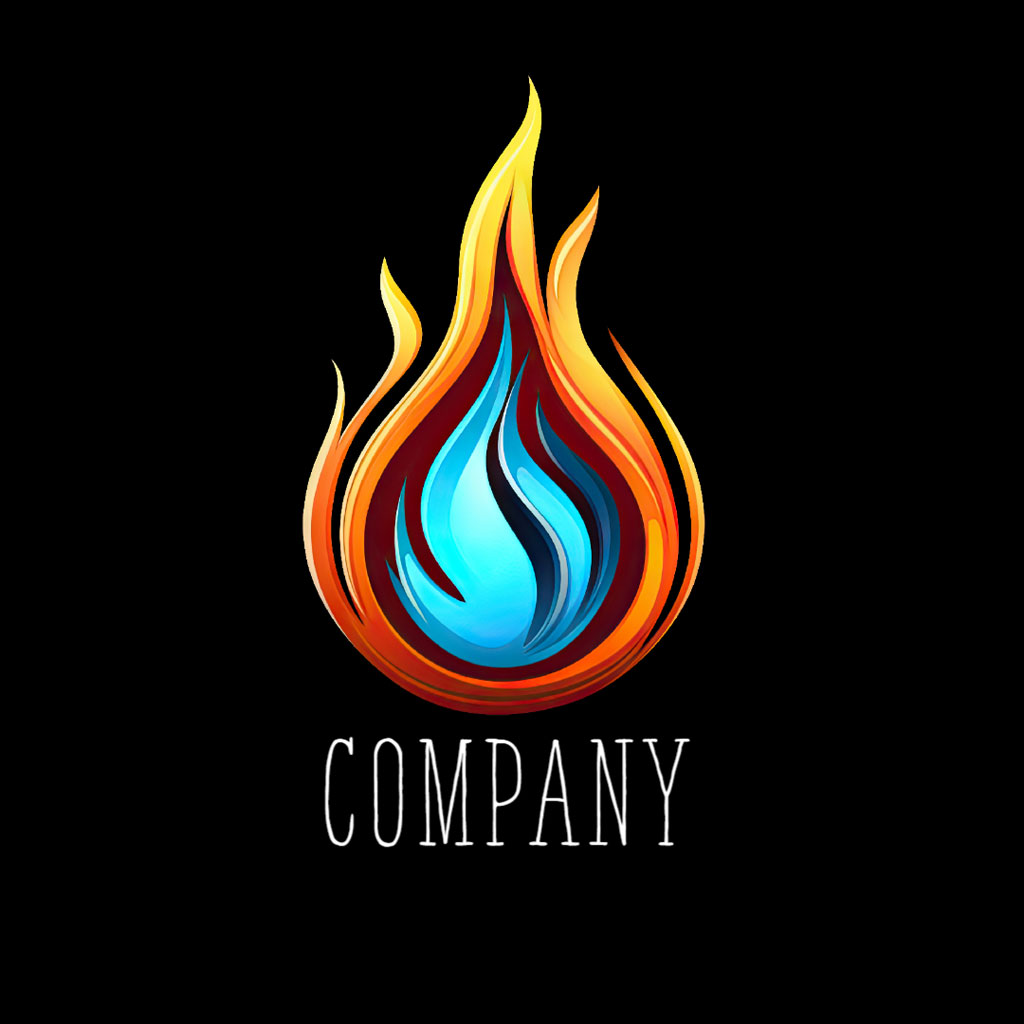 Stylized flame logo with blue center and orange outer flames