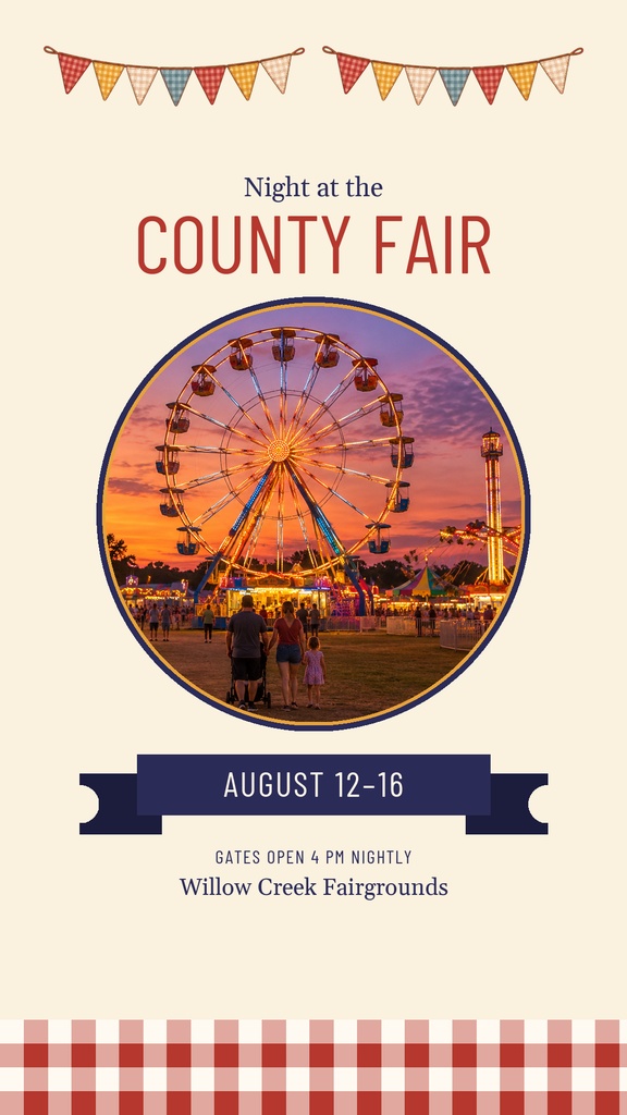 Portrait story template with bunting, a ferris wheel photo, and county fair event text.