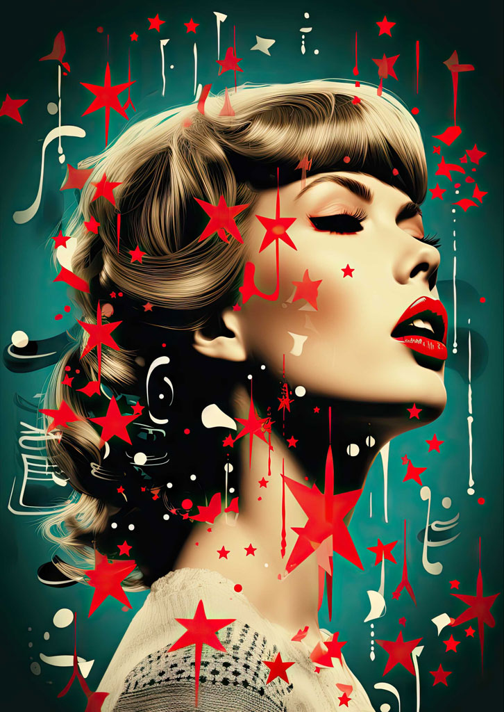 A blonde woman with red lips and closed eyes surrounded by red stars and musical notes on a teal background.