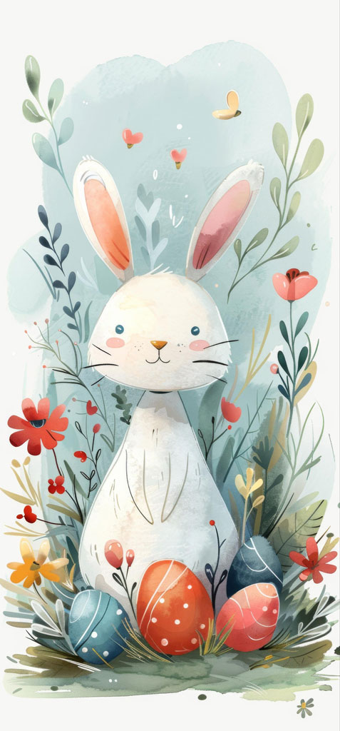 Watercolor illustration of a white Easter bunny with colorful eggs and flowers