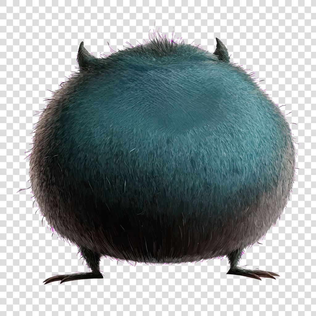 A digital illustration of a fluffy, teal creature with two horns and three legs.
