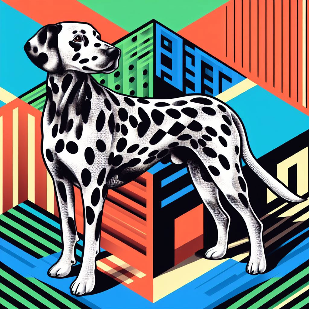 Illustration of a dalmatian dog standing in front of a colorful geometric background