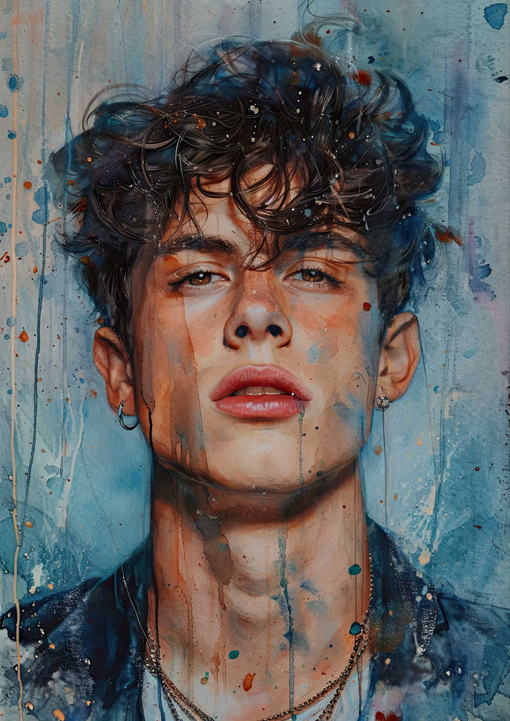 Portrait of a young man with curly hair and a contemplative expression