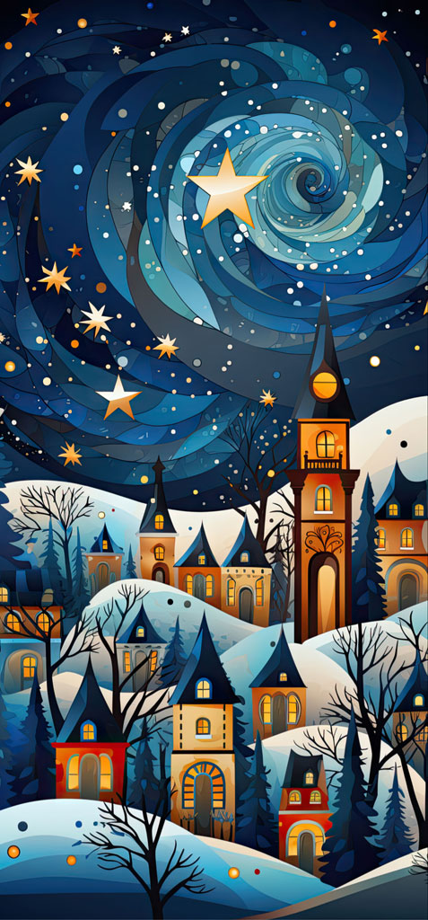 Illustration of a snowy village with houses and a church under a swirling starry sky