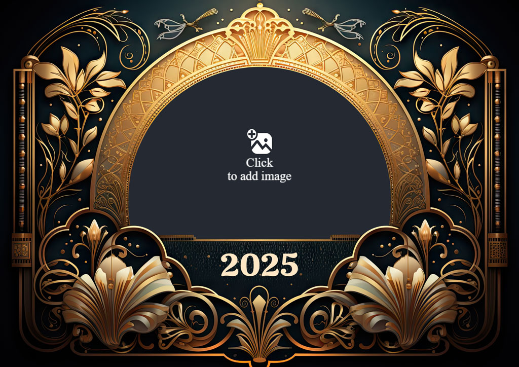 Ornate gold frame with 2025 text and floral patterns on a dark background