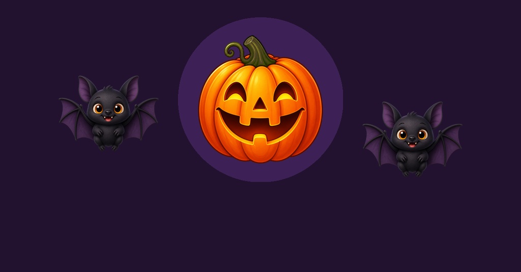 Purple Halloween cover with a glowing jack-o-lantern and bats on both sides