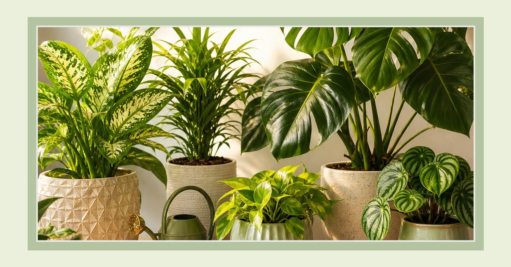 A row of potted houseplants with a soft green border.