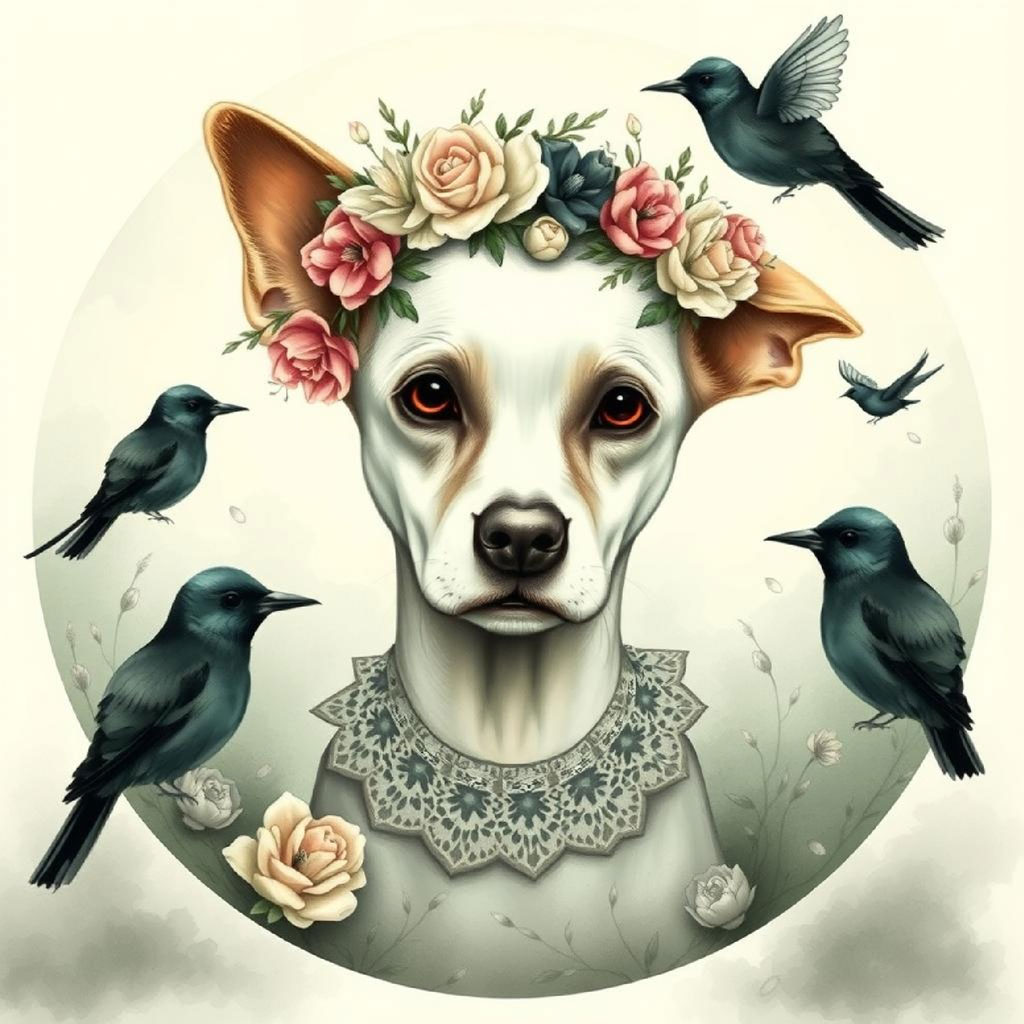 Illustration of a woman with a floral crown and birds around her