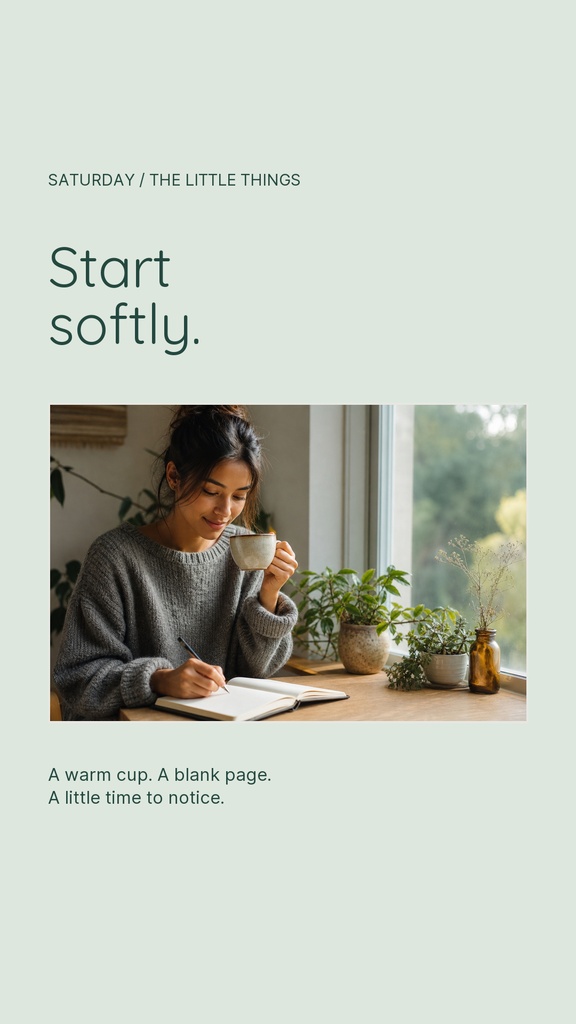 Portrait Instagram story template with the text Start softly and a woman writing beside a window.