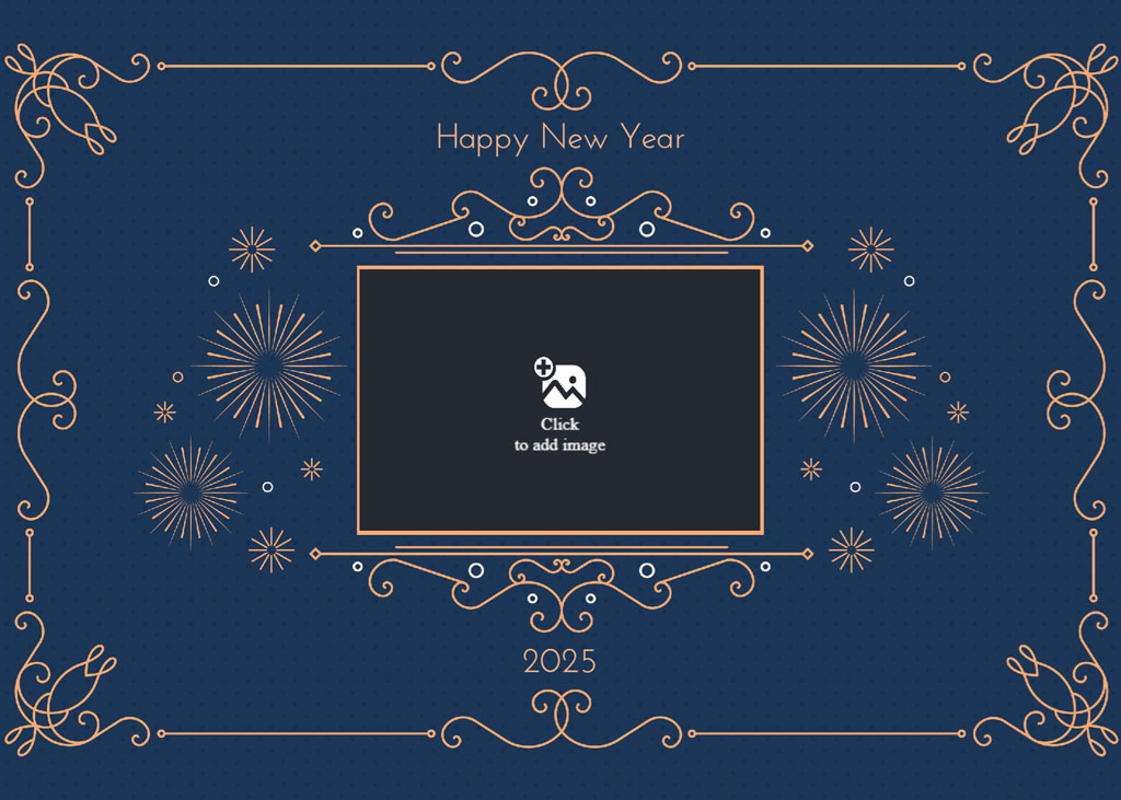 Happy New Year 2025 greeting card with laptop and fireworks