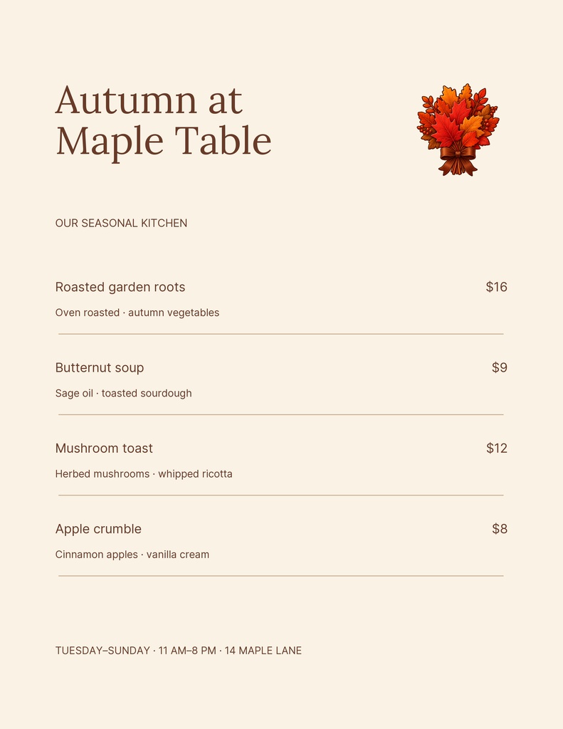Preview for The Maple Table Letter Menu / Price List Template